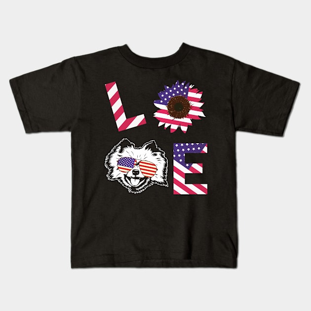 Cool US Flag Sunflowers Glasses Dog Face LOVE Pomeranian Dog Americans Independence USA July 4th Day Kids T-Shirt by Cowan79